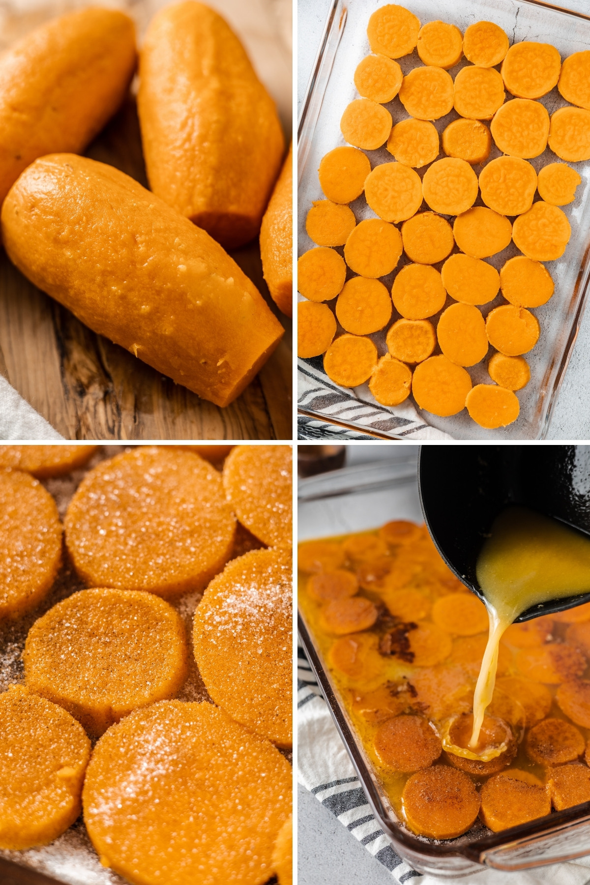 collage of sweet potatoes, potatoes in a baking dish, sweet potatoes covered in sugar and spices, and covered in butter and orange juice