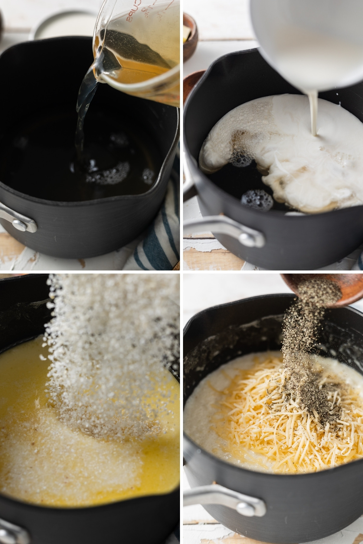 collage of broth and cream in a pot, grits, and grits and cheese in a pot