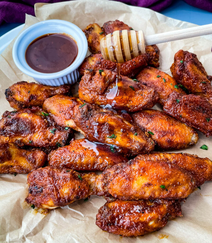 maple bbq chicken wings drizzled in sauce