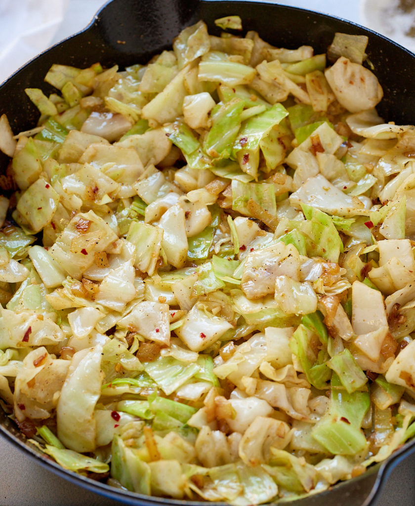 cooked cabbage in skillet