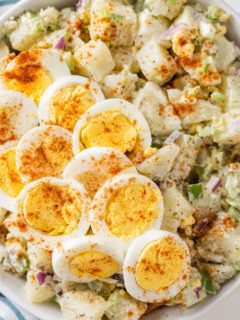 patti labelle potato salad in a bowl with hard boiled eggs on top