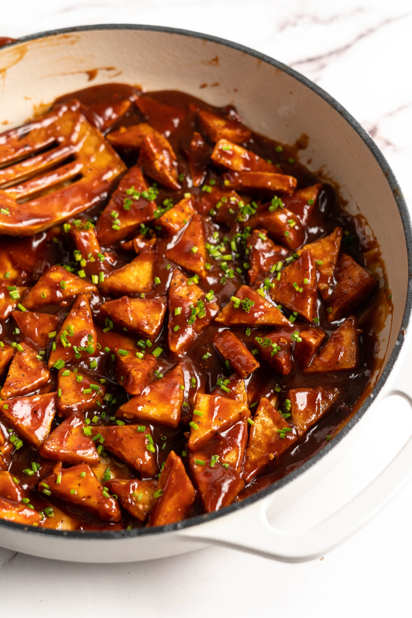 saucy bbq tofu in a pan