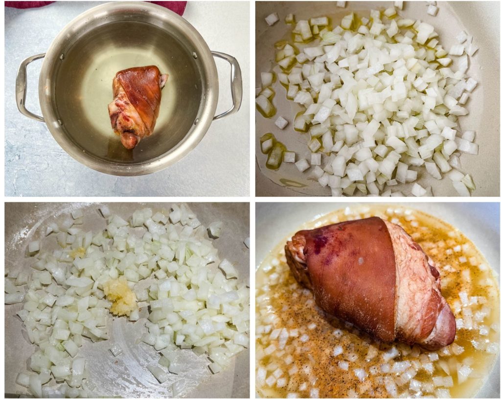 collage of 4 photos with a cooked ham hock, sauteed onions and garlic