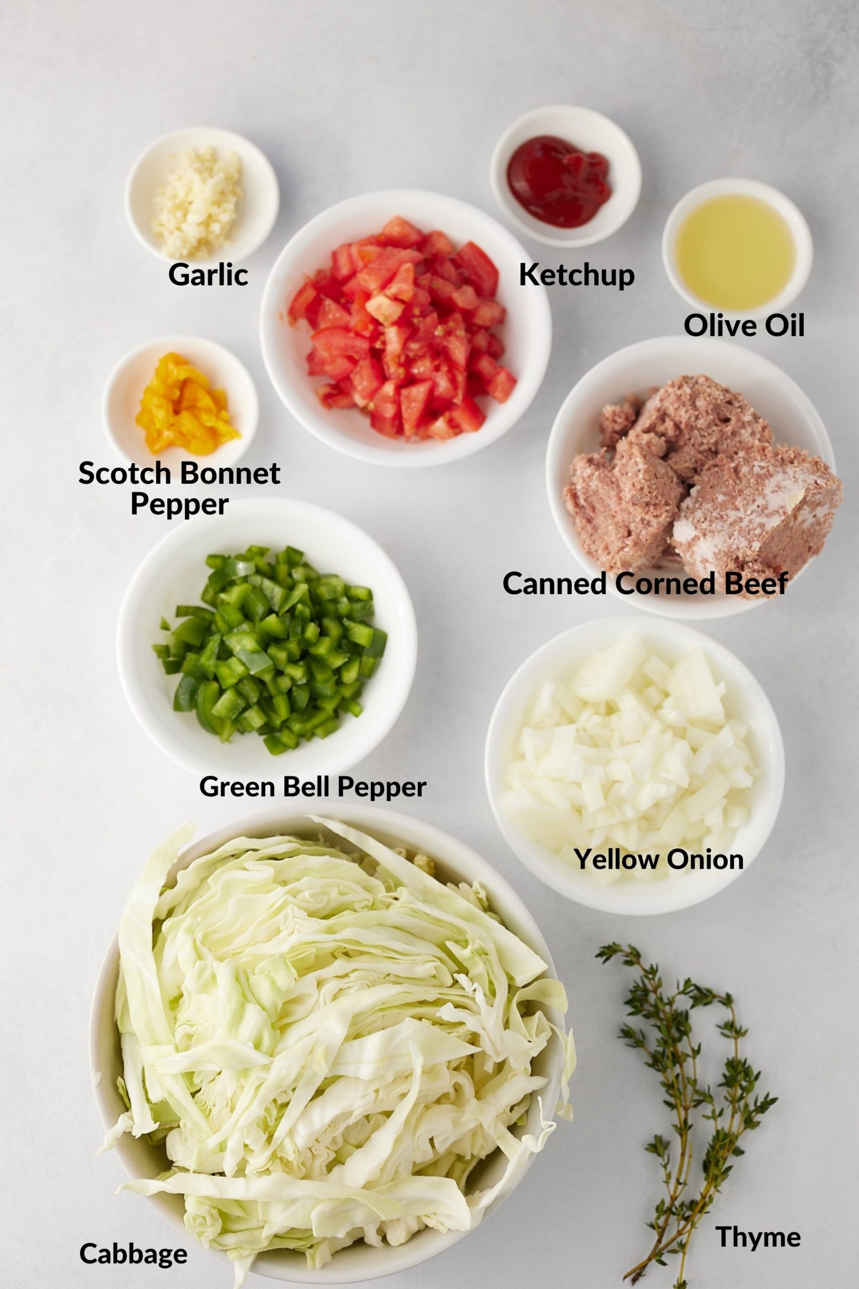 Ingredients for corned beef and cabbage on white background