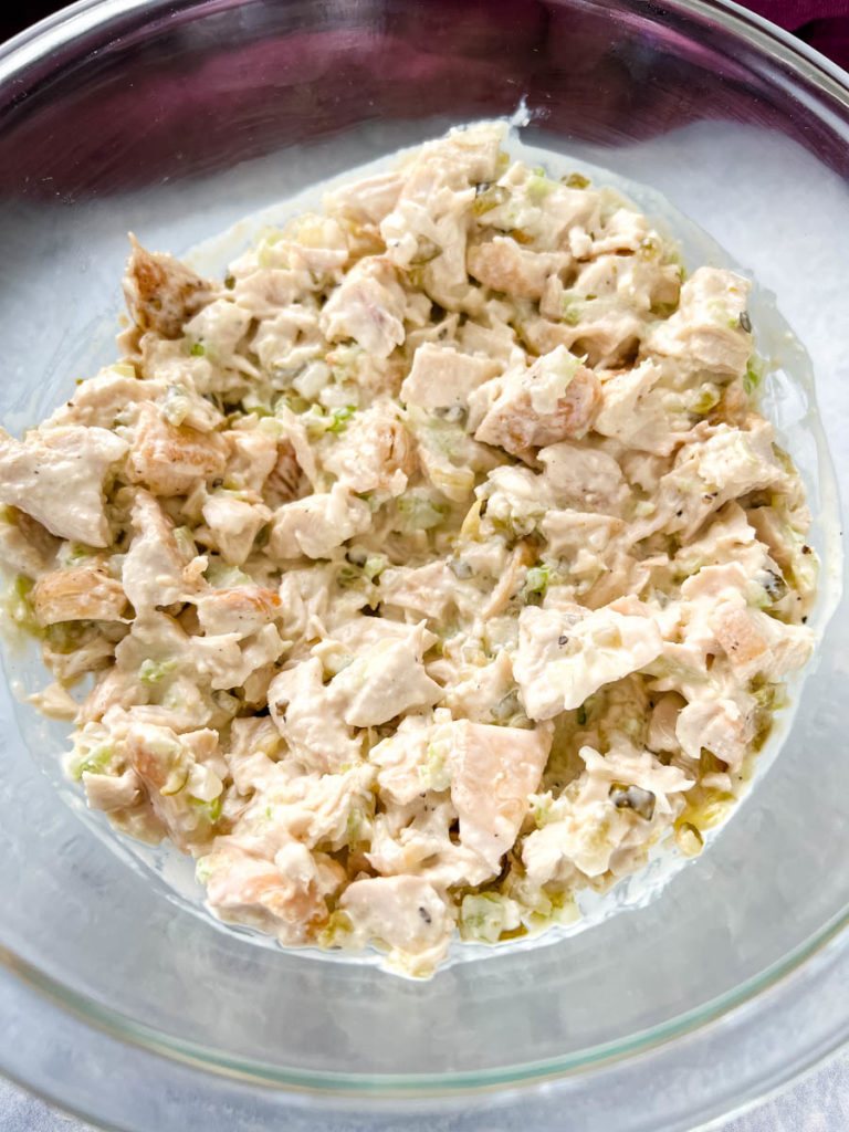 Southern black folks chicken salad in a glass mixing bowl