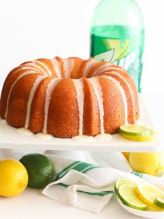 7UP Pound cake with lemons, limes, and 7UP in the background
