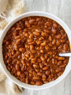 Slow Cooker Homemade Baked Beans in a white bowl