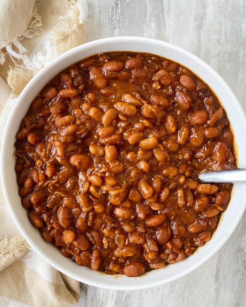 Slow Cooker Homemade Baked Beans in a white bowl