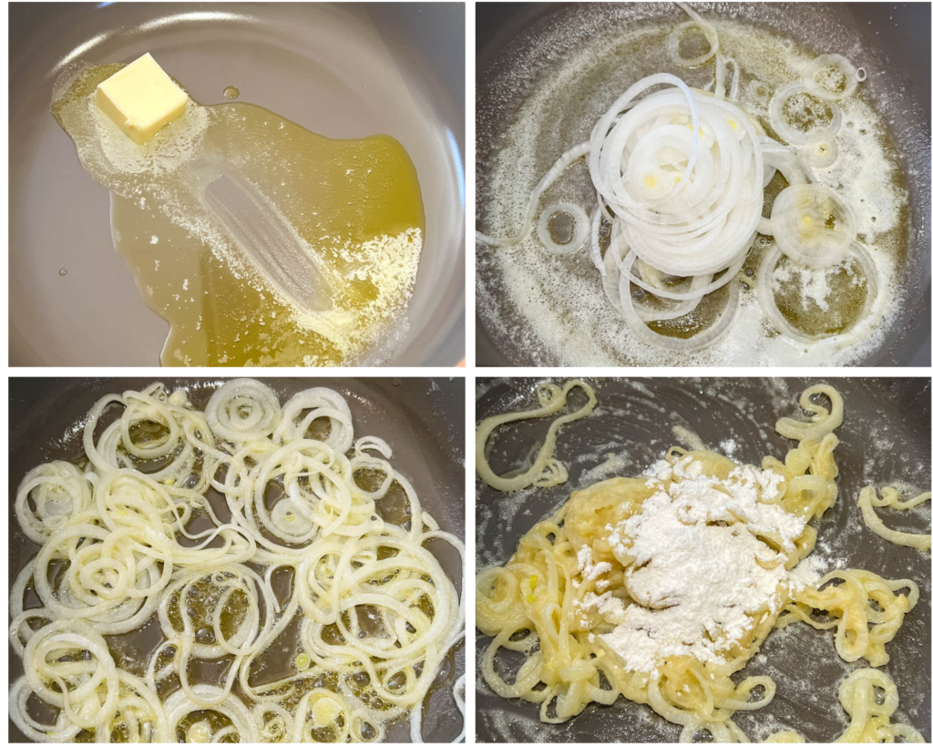 collage of 4 photos with melted butter, white onions, and flour