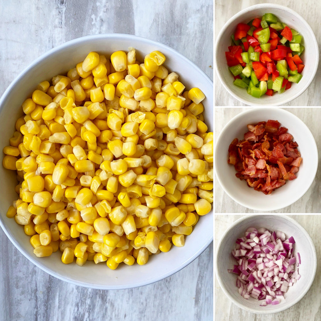 collage of ingredients for close up of southern corn salad