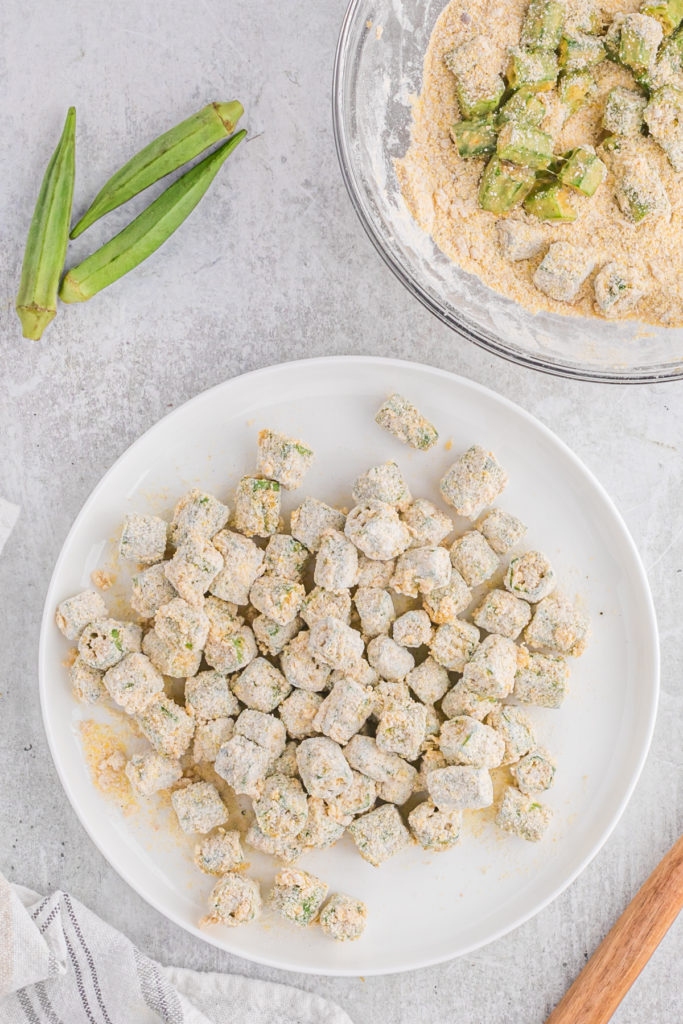 Breaded okra just before frying.