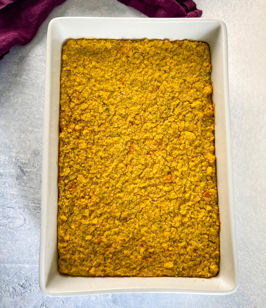 baked cornbread dressing in a baking dish