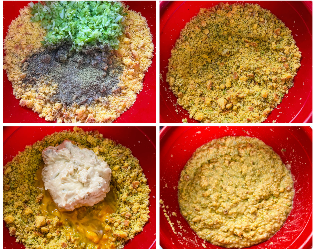 collage of 4 photos with cornbread, spices, vegetables, and broth