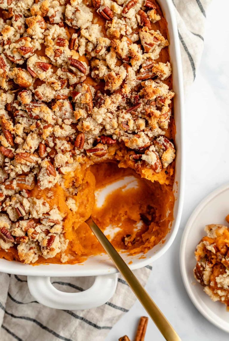 sweet potato casserole recipe in a baking dish