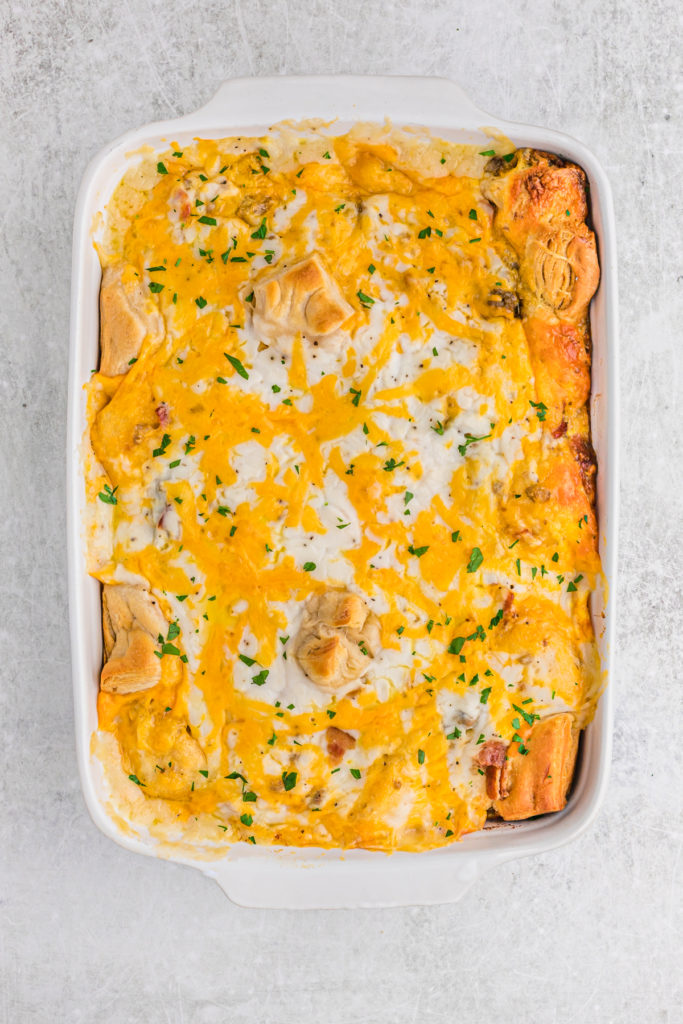 A delicious biscuits and gravy casserole ready to enjoy fresh out of the oven