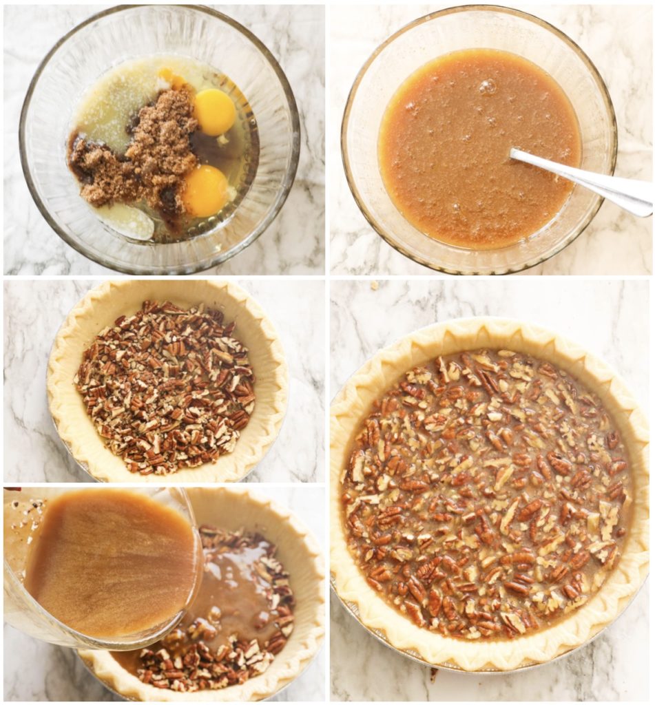 Mix filling, place nuts in pie crust, cover with filling, and bake