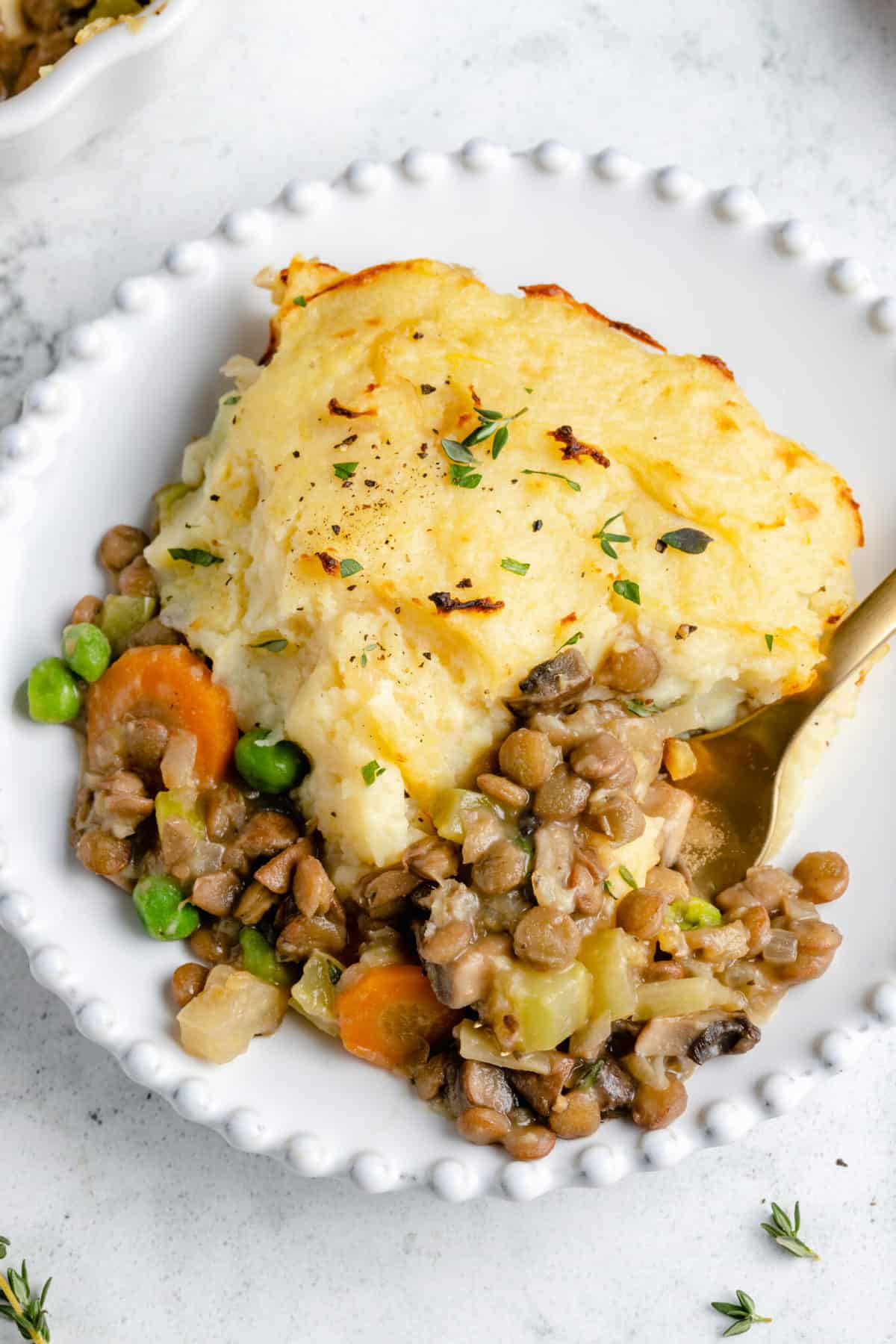 Overhead view of vegan shepherd's pie on plate