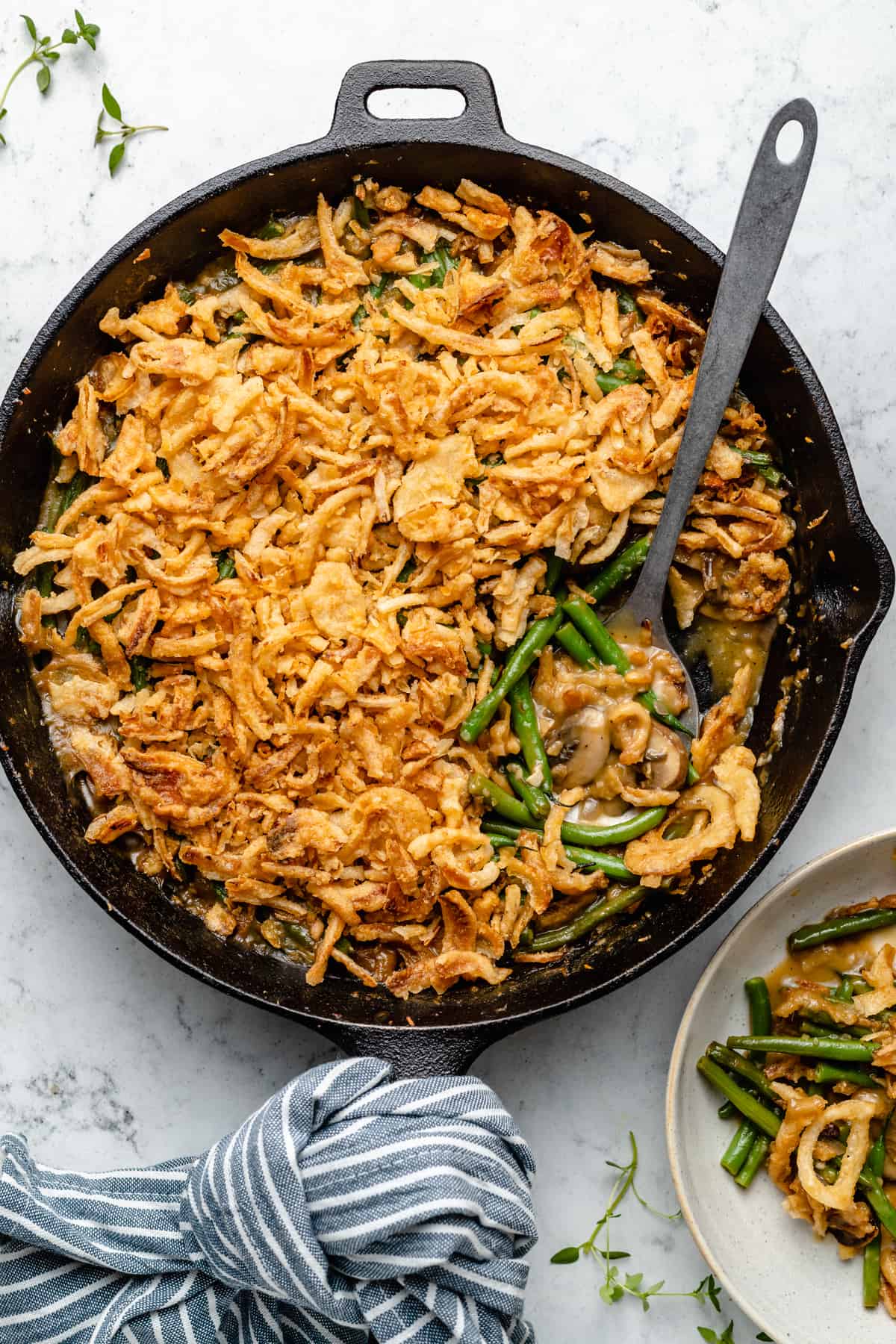 Overhead view of vegan green bean casserole