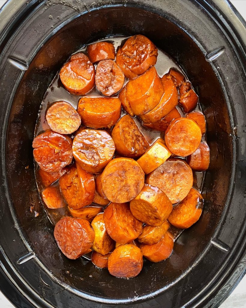 overhead shot of cooked sweet potatoes in the slow cooker