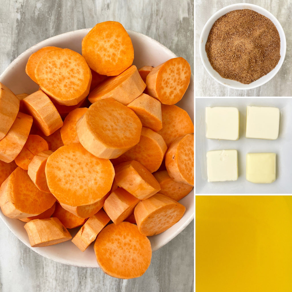 collage of ingredients for slow cooker sweet potatoes