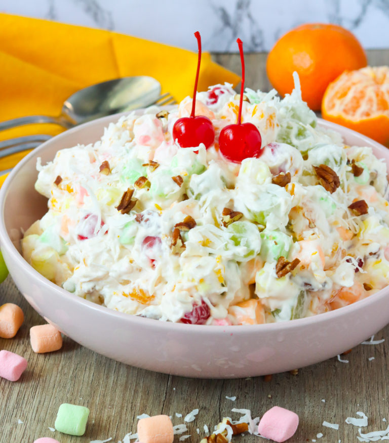 A bowl of decandent ambrosia salad