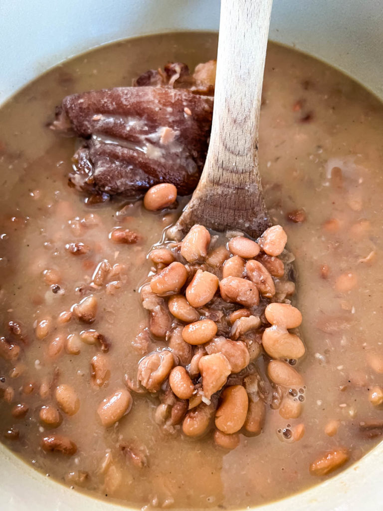 Southern pinto beans in a pot with a wooden spoon
