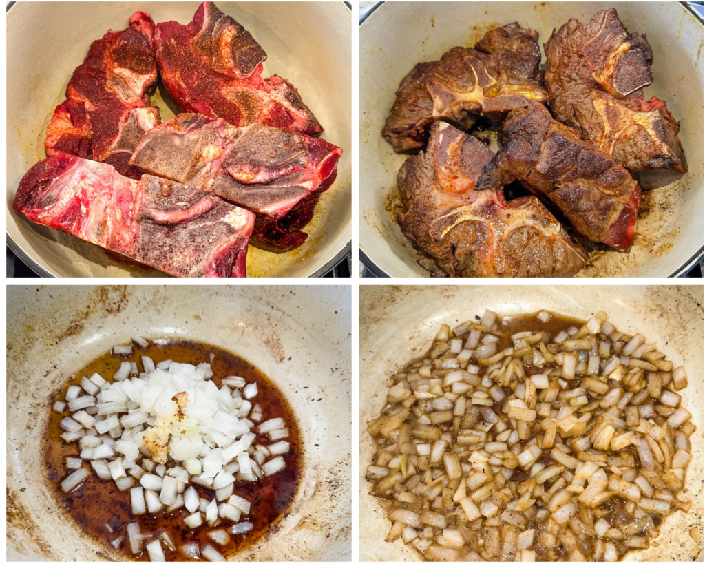 collage of 4 photos with beef neck bones seared in a pot with onions