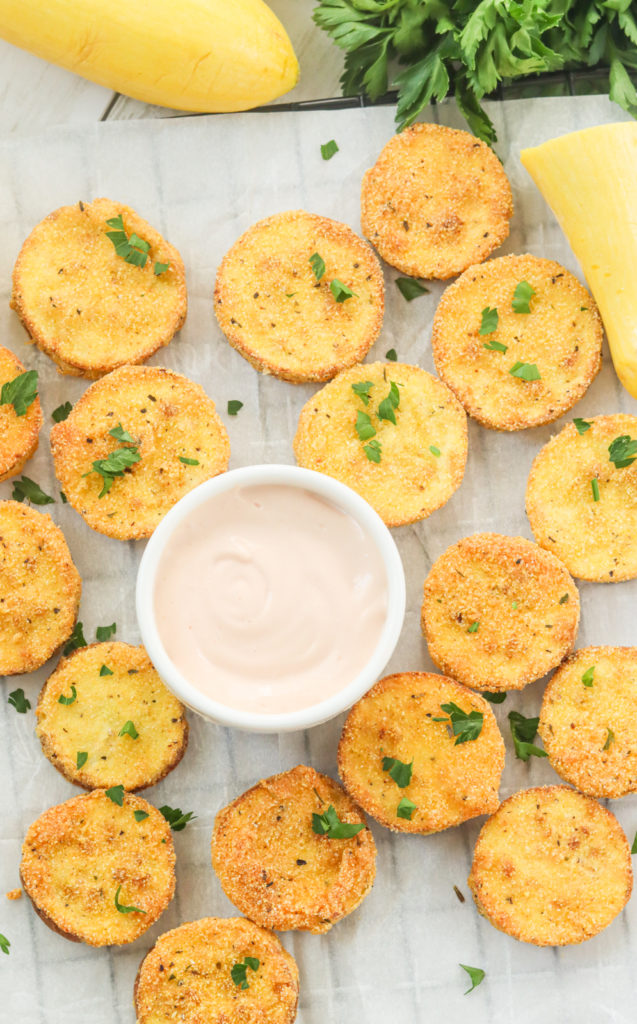 Enjoy Southern Fried Squash as an appetizer with dipping sauce