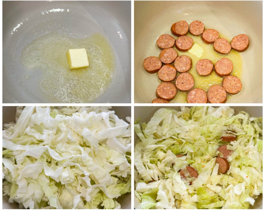 collage of 4 photos with melted butter, cabbage, and sausage in a pot