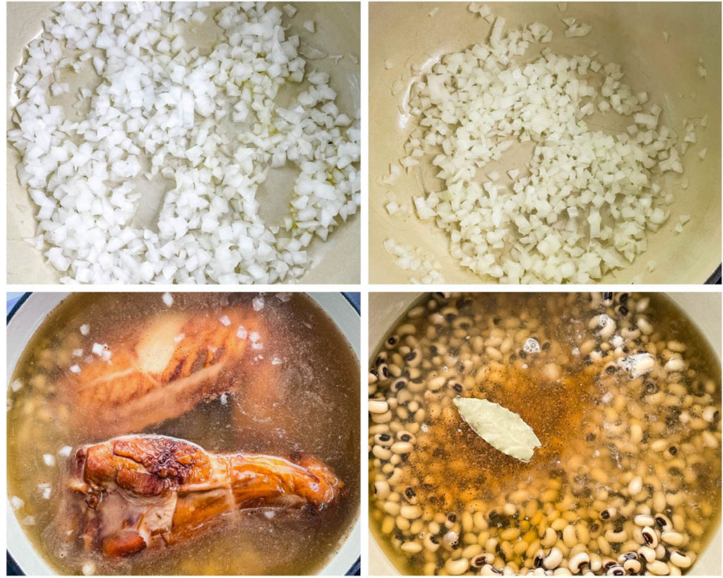 collage of 4 photos with onions cooked in a pot with smoked turkey and black eyed peas