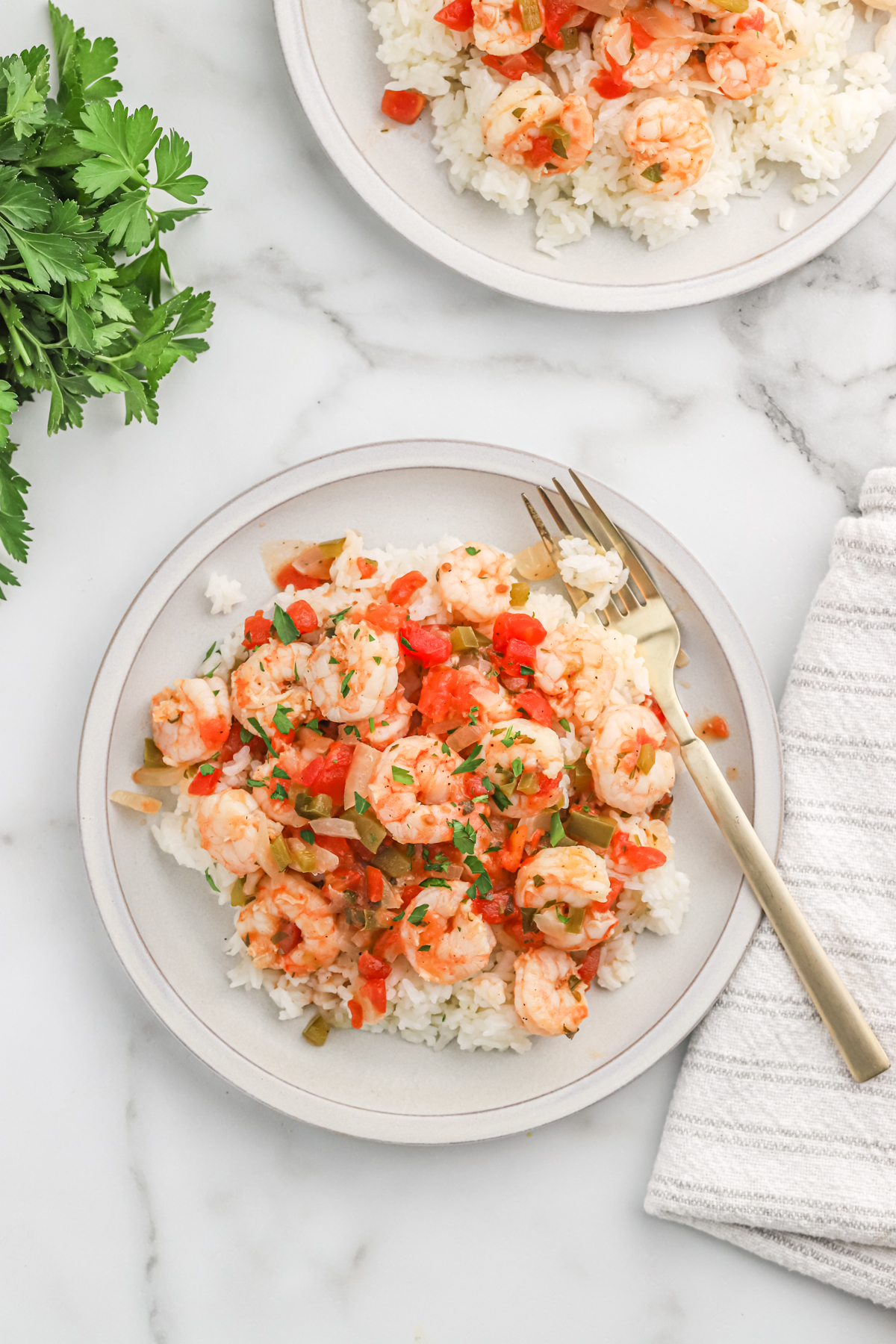 Shrimp creole served over white rice