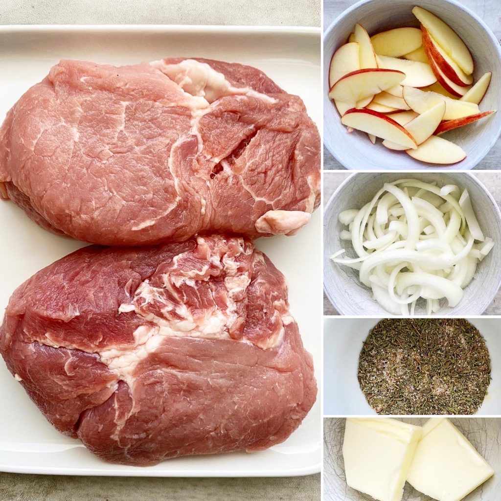 collage of ingredients for Crockpot Pork Chops, Apples & Onions