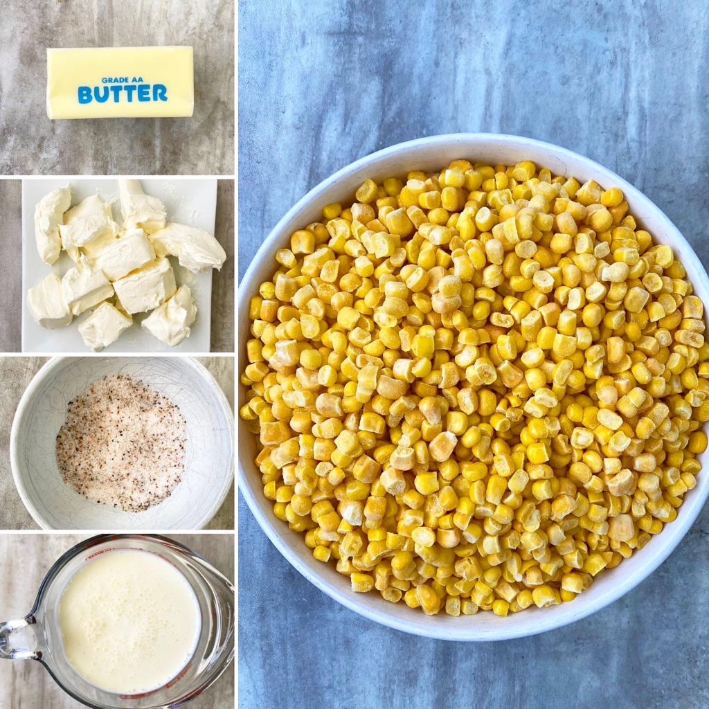collage of ingredients for slow cooker creamed corn