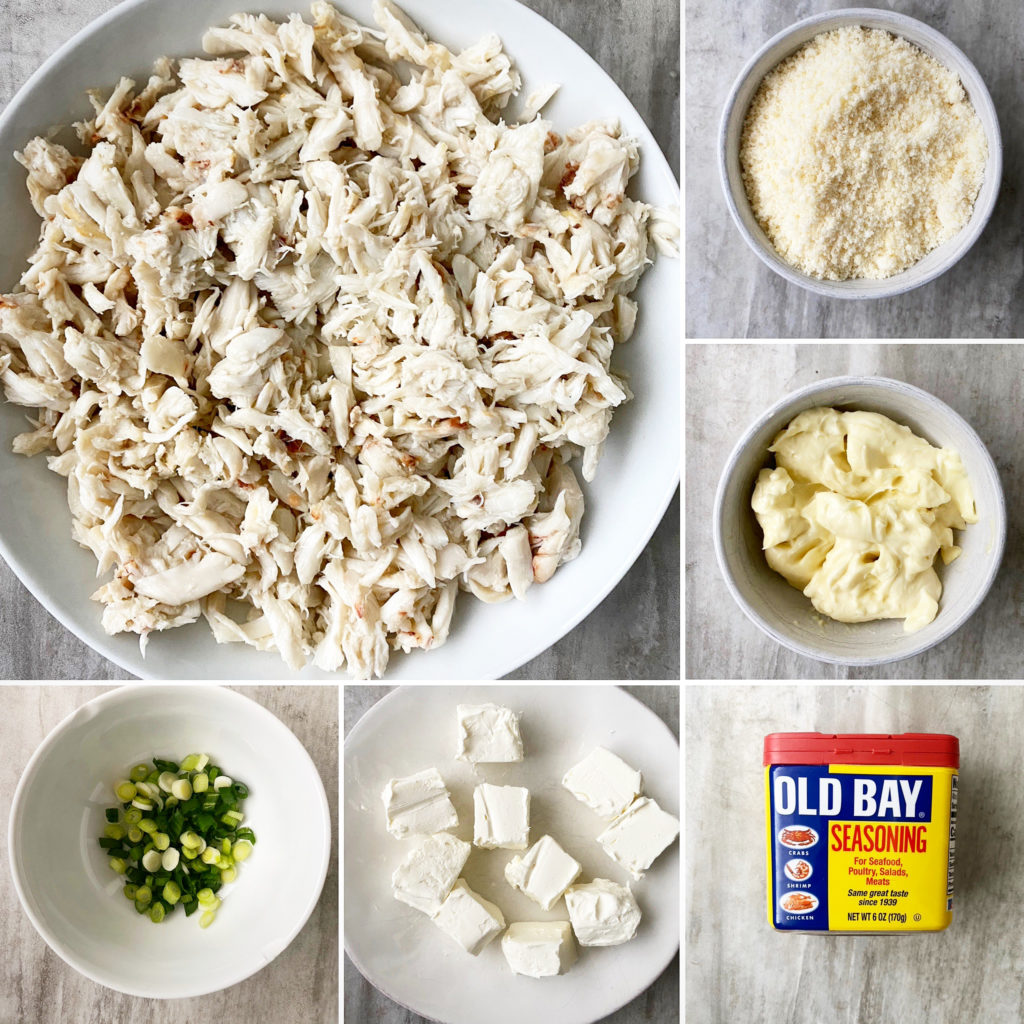 collage of ingredients for Crockpot hot crab dip