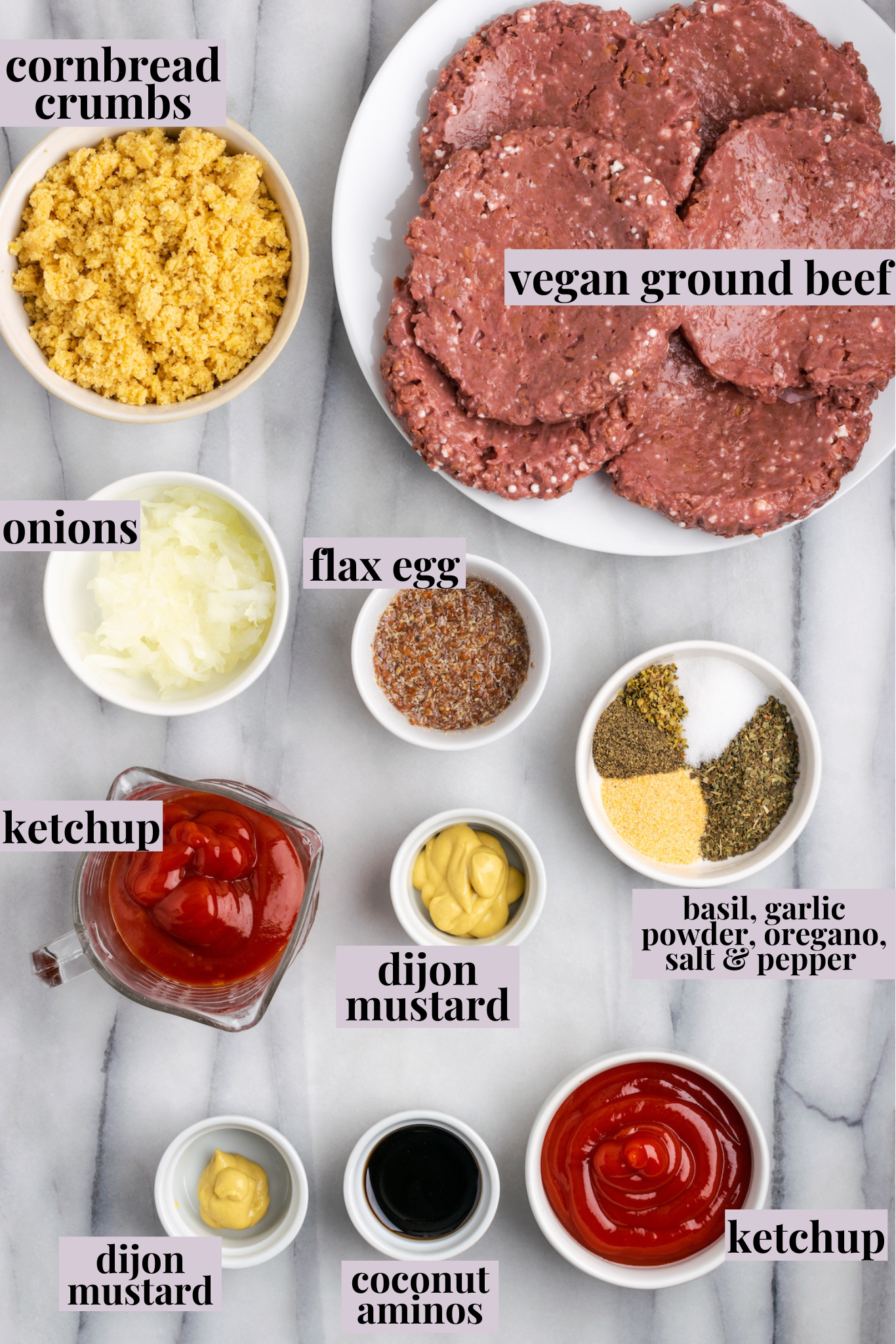 Overhead view of vegan Southern meatloaf ingredients with labels