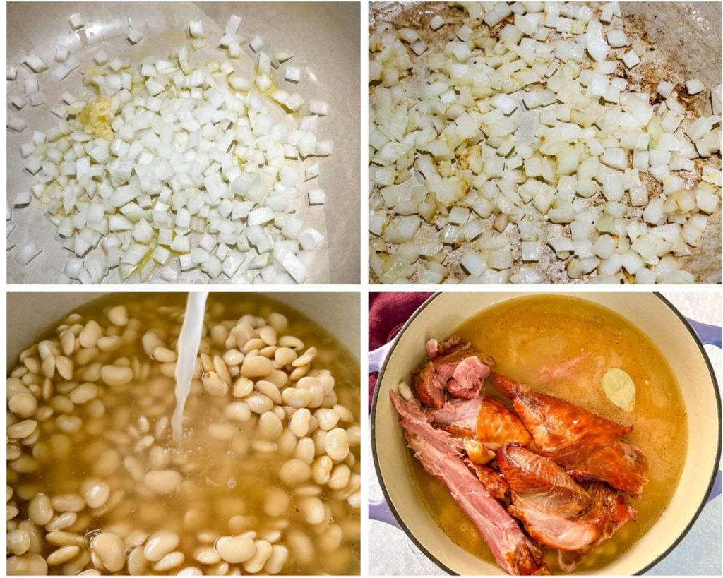 collage of 4 photos with onions, lima beans, and smoked turkey in a large pot