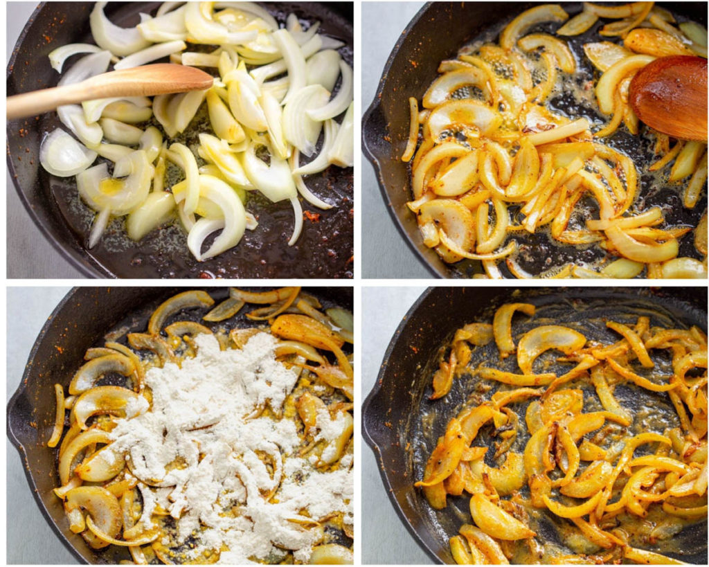 a collage of 4 photos with onions and flour in a cast iron skillet to make gravy