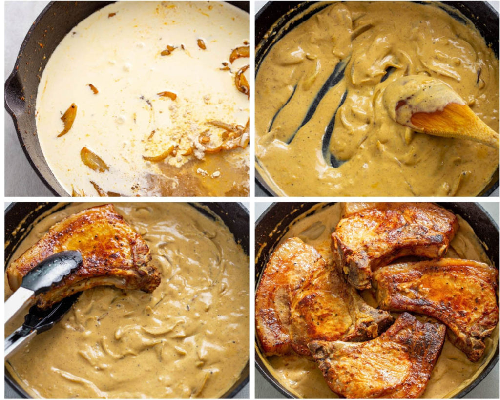a collage of 4 photos with creamy brown onion gravy in a cast iron skillet