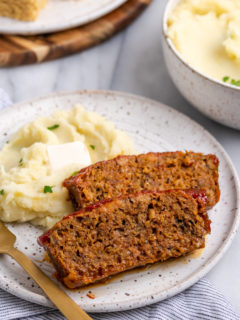 Vegan Southern meatloaf on plate with mashed potatoes