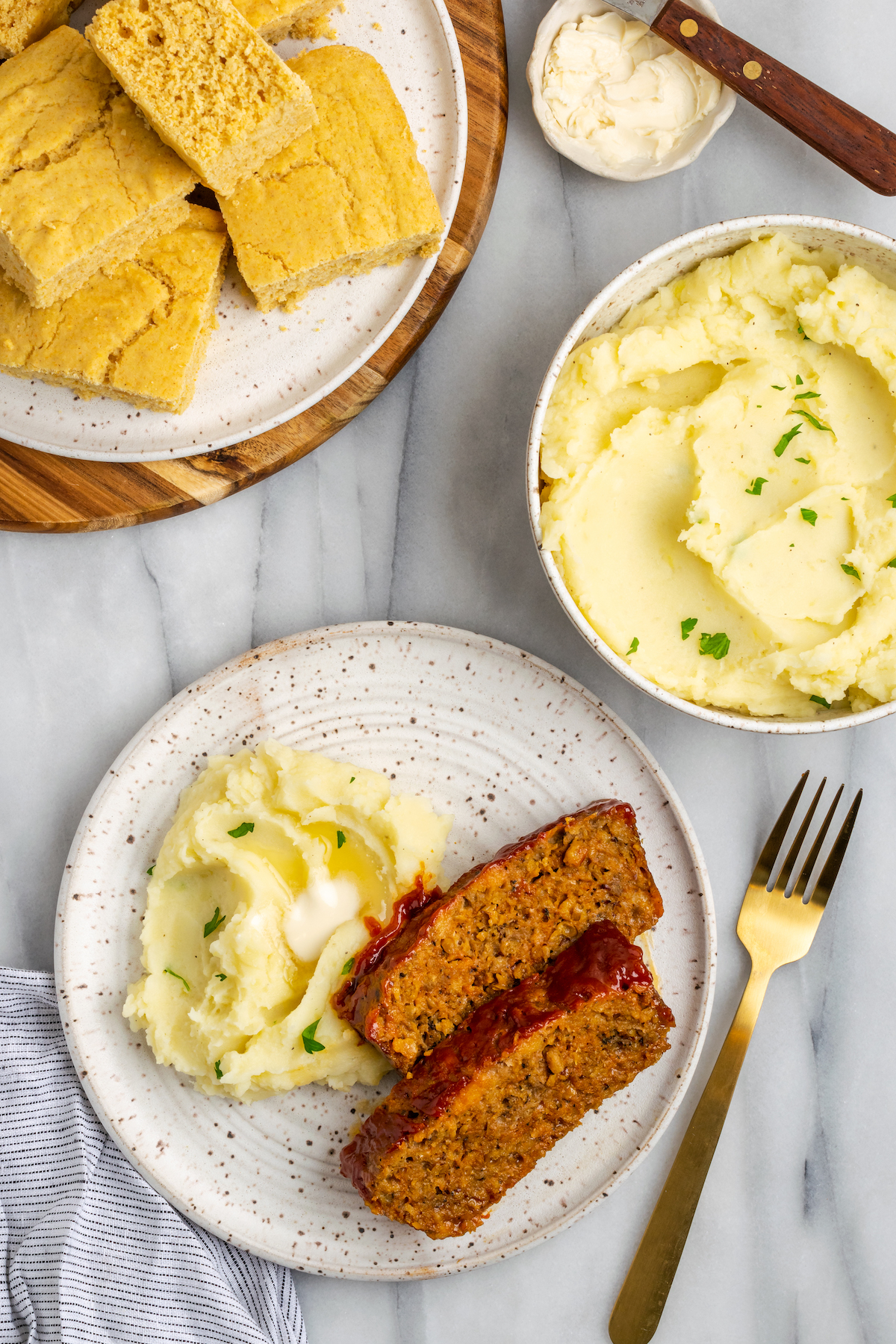 Vegan Southern meatloaf on plate with mashed potatoes
