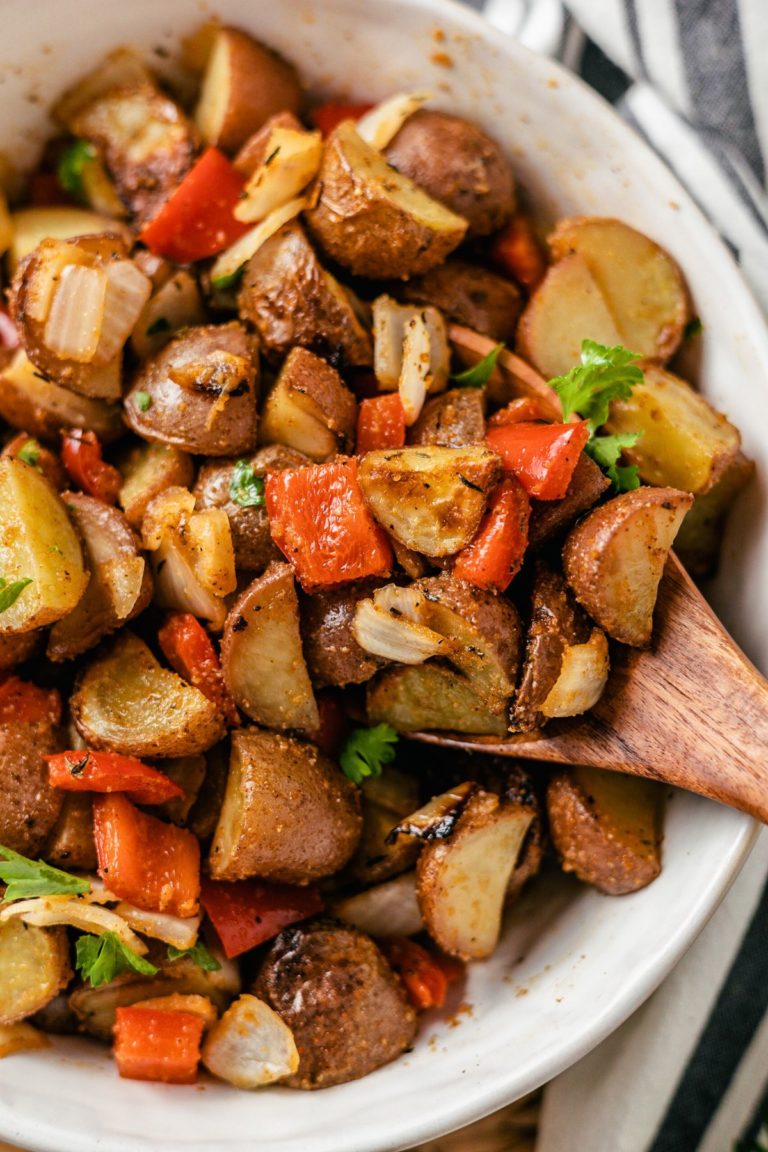 plated breakfast potatoes cooked using an air fryer