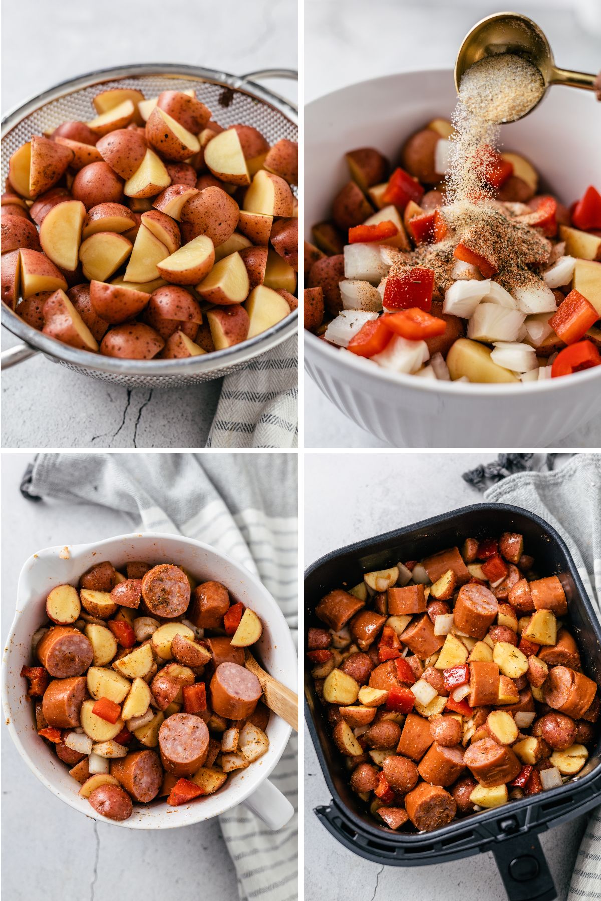 step-by-step photo collage for how to cook Sausage and Potatoes in an air fryer