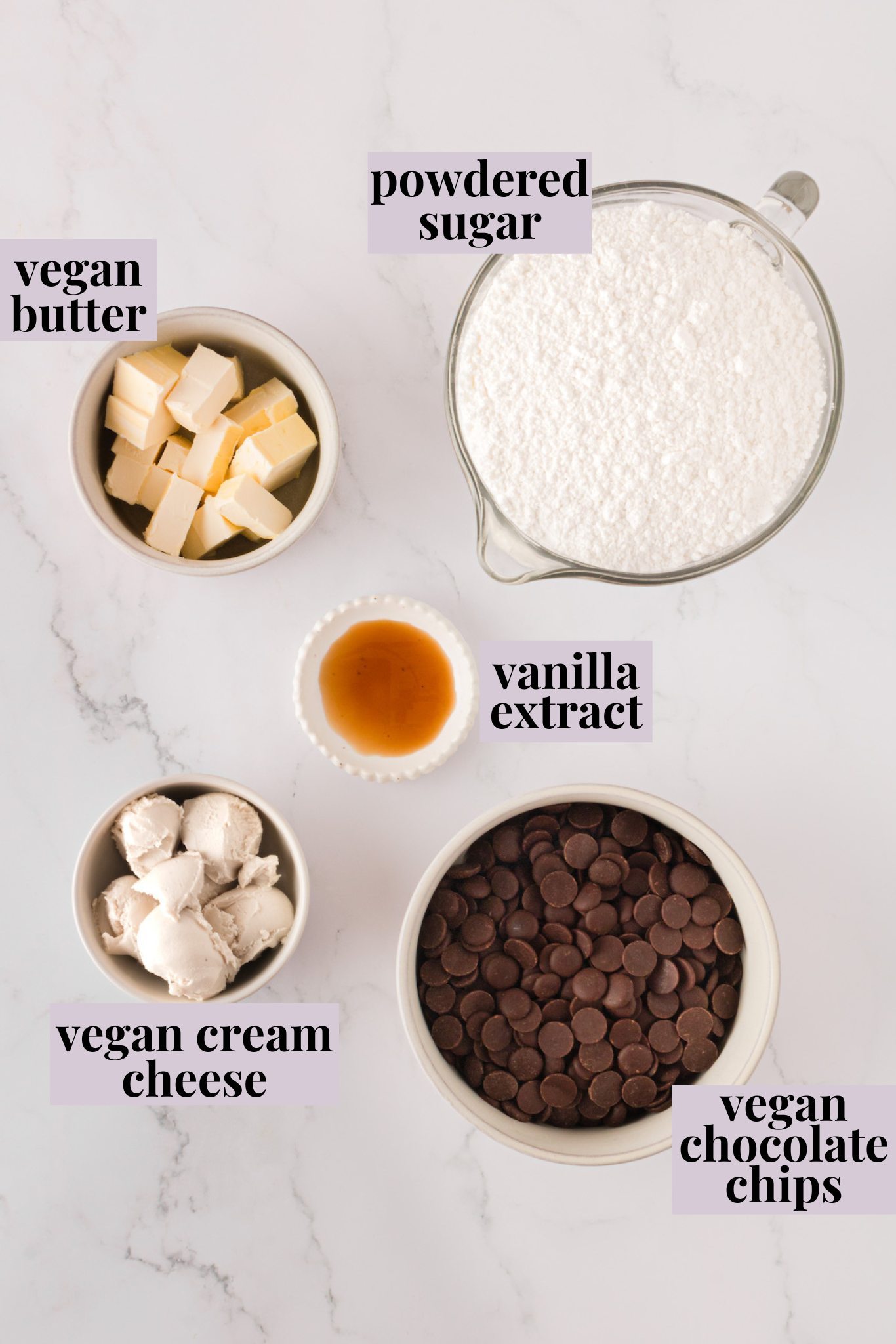 Overhead view of ingredients for vegan bon bons with labels