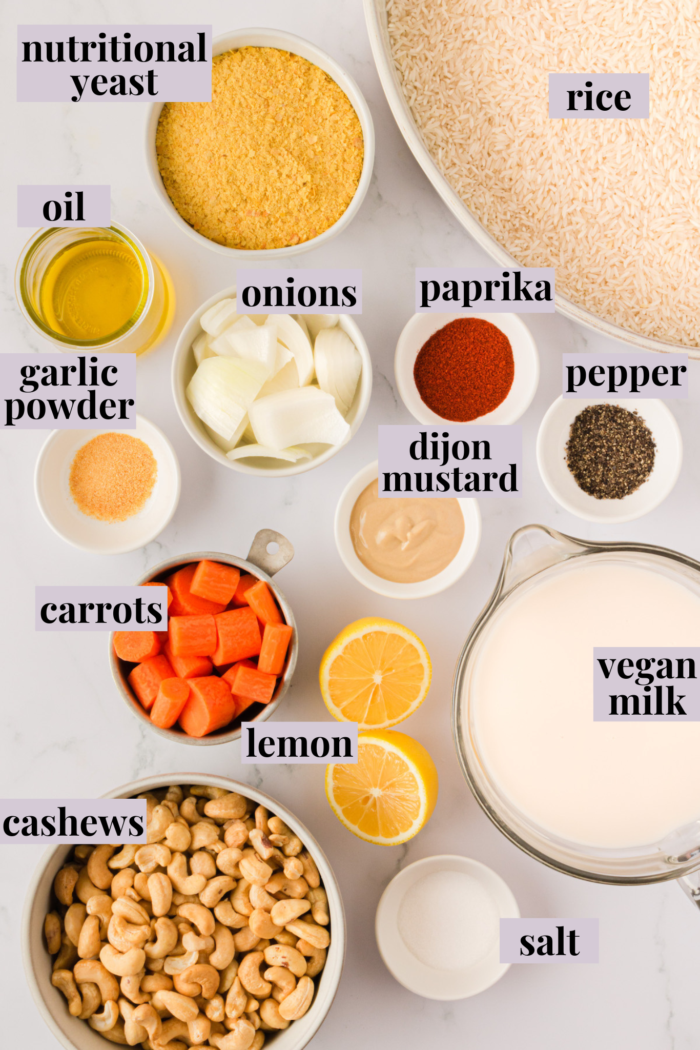 Overhead view of ingredients for vegan cheesy rice with labels