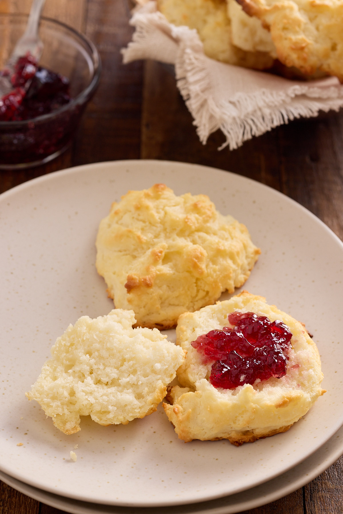 open drop biscuit with jelly on it