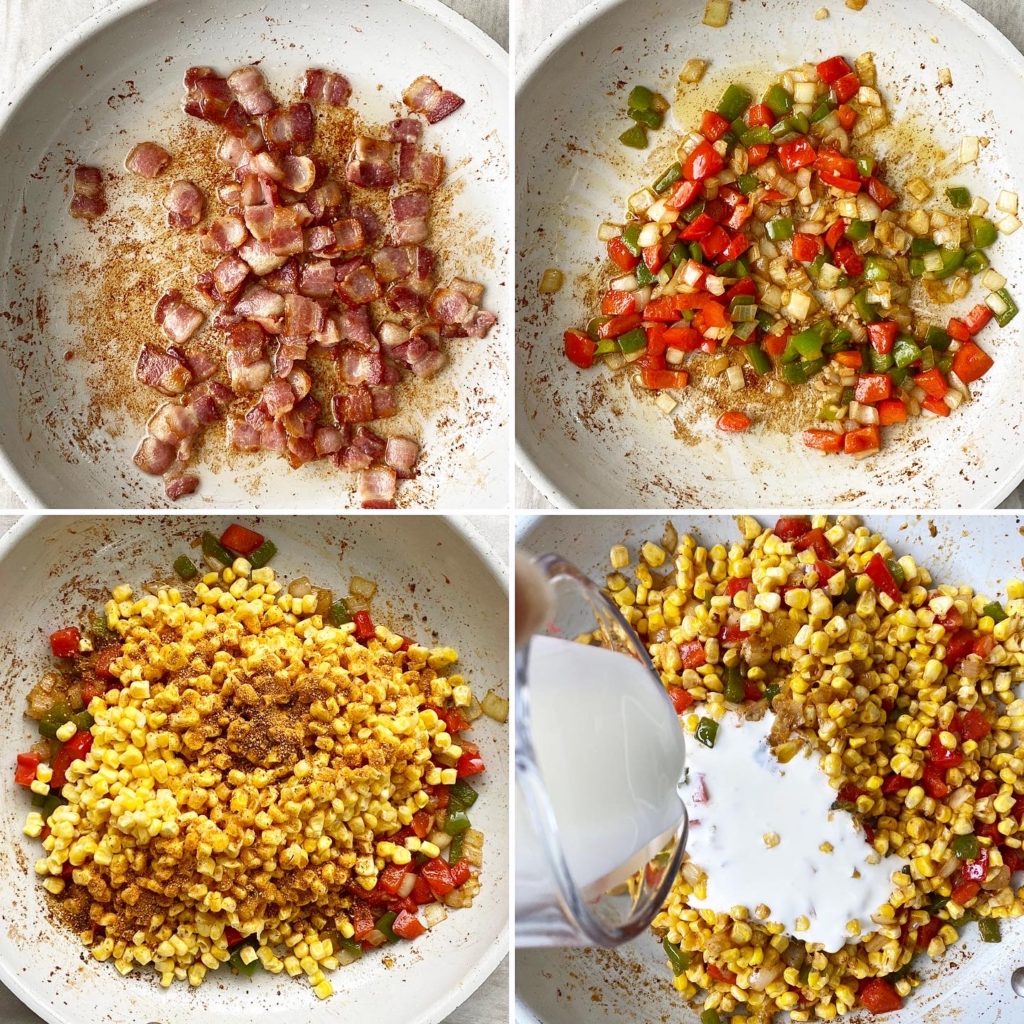 4 step-by-step ingredients on how to make bacon maque choux