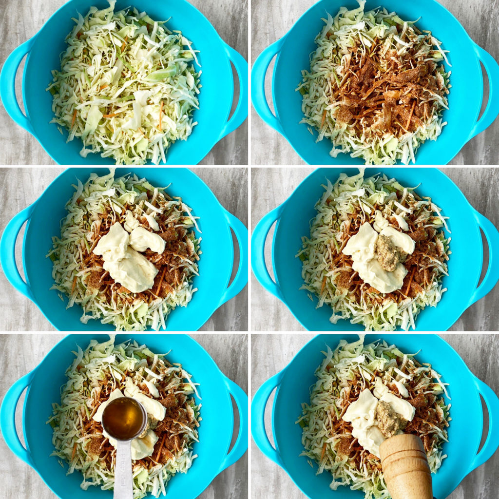 collage of the 6 pics making Cajun coleslaw