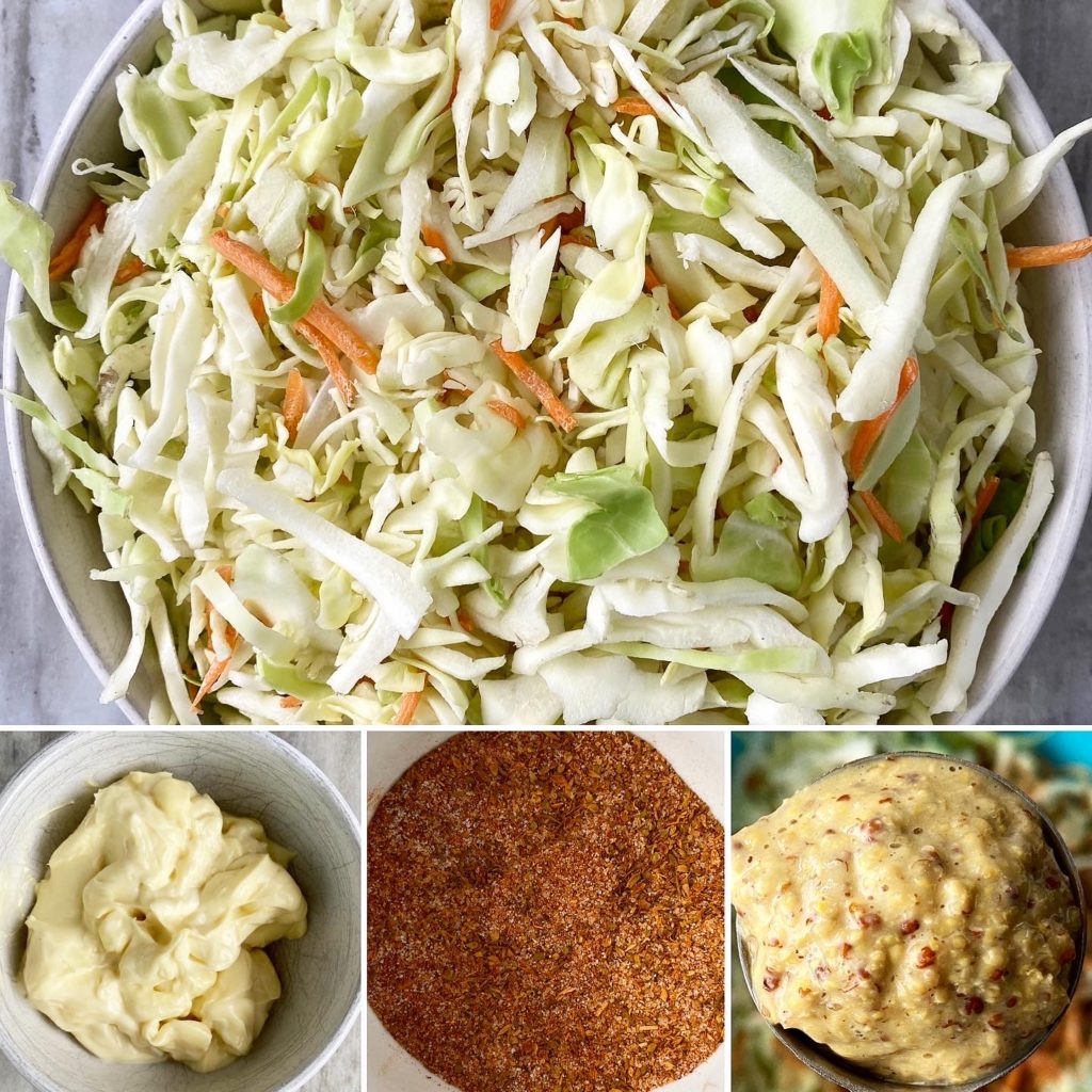 collage of ingredients for Cajun coleslaw