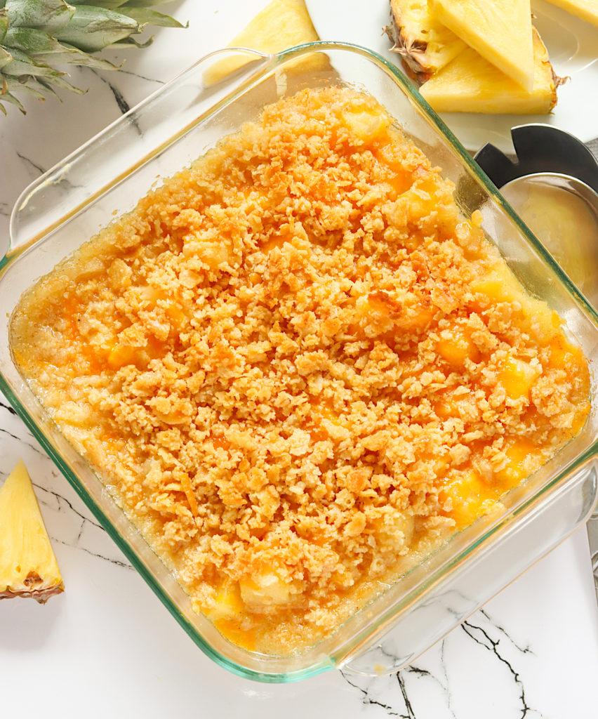 Decadent pineapple casserole fresh from the oven