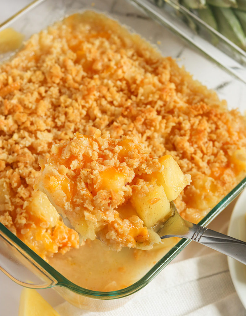 Digging into crazy delicious pineapple casserole